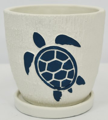 5" White and Navy Sea Turtle Pot With a Saucer