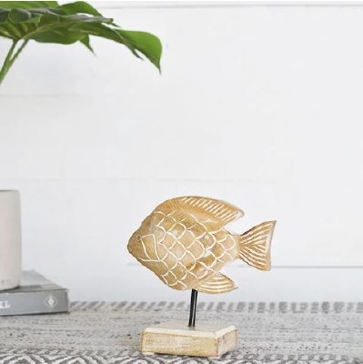 6" White Wash Wood Fish on a Stand