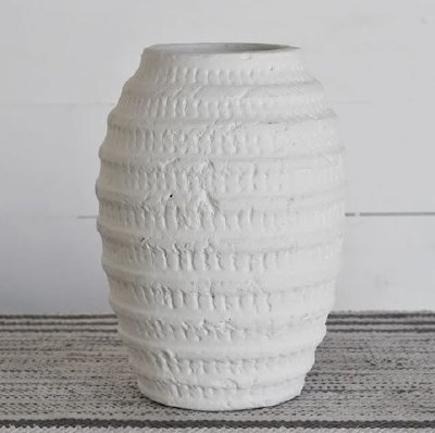 11" White Cermaic Ribbed Vase