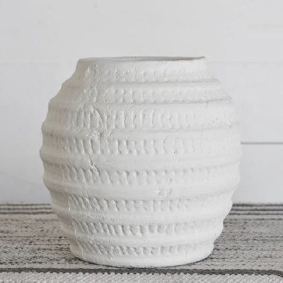 8" White Cermaic Ribbed Vase