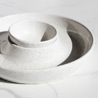 11" Round Distressed White Ceramic Chip and Dip Dish