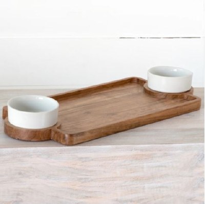 22" Brown Tray With Two White Bowls
