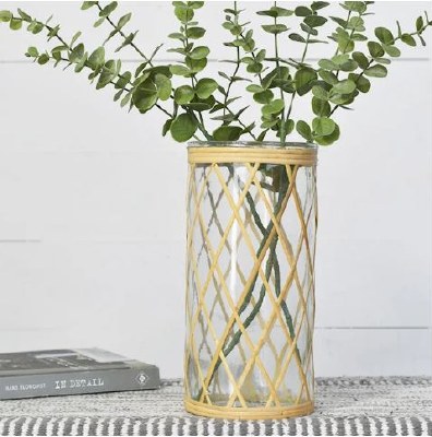 12" Clear Glass Vase with Rattan