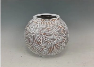 10" Whitewash Round Polyresin Nautilus Shell Pattern Vase