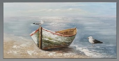 20" x 40" Rowboat With Two Birds Coastal Canvas