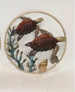 20" Round Two Brown Sea Turtles Coastal Metal Wall Art Plaque
