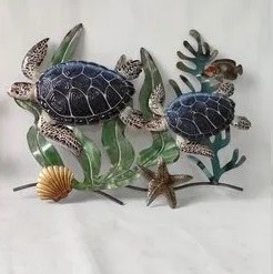 24" Two Blue Sea Turtles Coastal Metal Wall Art Plaque
