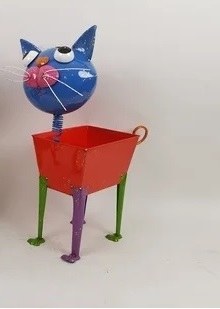 25" Red and Blue Metal Cat Planter