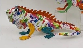 24" Red Spine and Multicolor Metal Lizard Statue