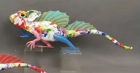 31" Green Spine and Mulitcolor Metal Lizard Statue