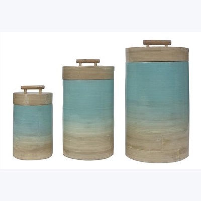 Set of Three Light Blue and Natural Bamboo Canisters