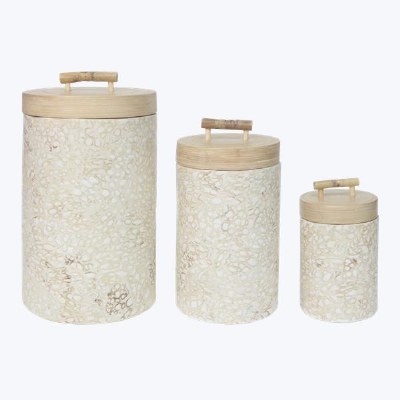Set of Three Beige Canisters With Bamboo Lids