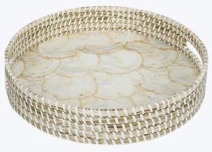 14" Round Natural Capiz and Rattan Tray With Handles