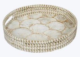 Small Round Natural Capiz and Rattan Tray With Handles
