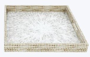 14" Square Natural Capiz and Rattan Tray With Handles