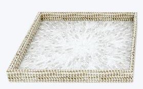 Small Square Natural Capiz and Rattan Tray With Handles