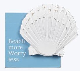 4" Sq White Scallop Shell and "Beach More, Worry Less" Blue Coastal Sitting Sign