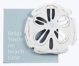 4" Sq White Starfish and "Relax You're on Beach Time" Green Coastal Sitting Sign