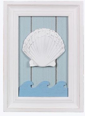 12" x 8" Scallop Shell With Waves Framed Coastal Wall Plaque