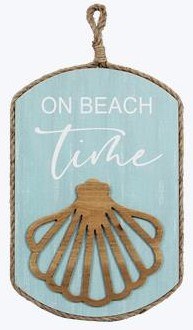 20" x 10" "On Beach Time" Scallop Shell Coastal Wall Plaque