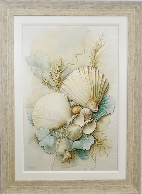 45" x 33" Seashell Symphony 1 Coastal Gel Textured Print in a Distressed Sand Frame