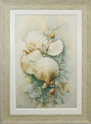 45" x 33" Seashell Symphony 2 Coastal Gel Textured Print in a Distressed Sand Frame