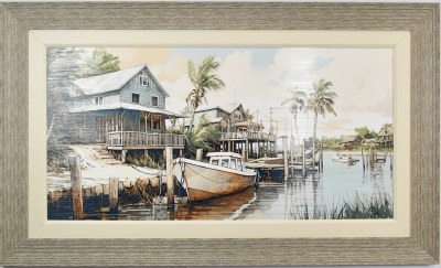 30" x 50" Dockside Tales 1 Coastal Gel Textured Print in a Distressed Gray Frame