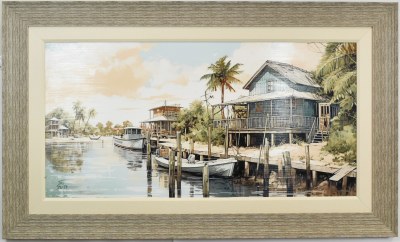 30" x 50" Dockside Tales 2 Coastal Gel Textured Print in a Distressed Gray Frame