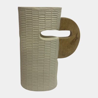 17" Ivory Textured Vase With a Wood Handle