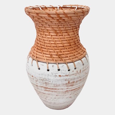 11" Natural Rattan Top and Whitewash Ceramic Base Vase