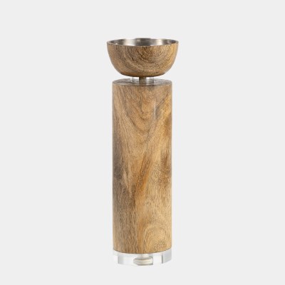 11" Brown Wood and Clear Taper and Pillar Candleholder
