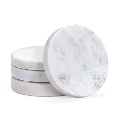 Set of Four 4" Round White Textured Marble Coasters