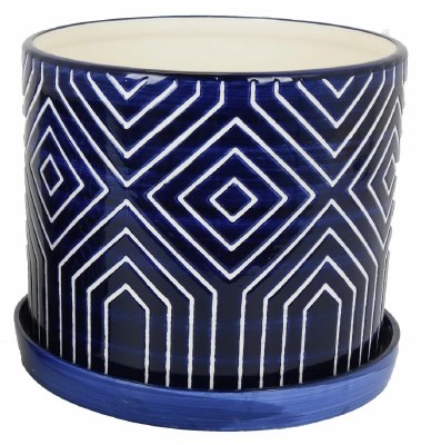 12" Dark Blue and White Geometric Ceramic Pot With a Saucer