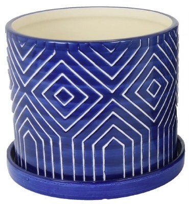 Small Dark Blue and White Geometric Ceramic Pot With a Saucer