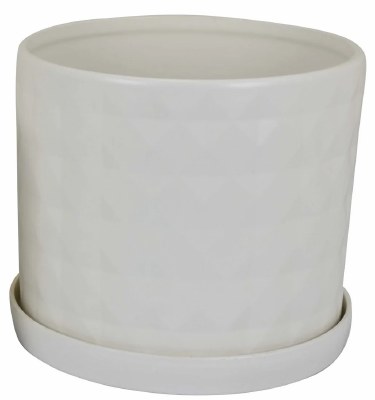 12" White Squares Pattern Ceramic Pot With a Saucer