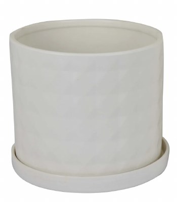 Small White Squares Pattern Ceramic Pot With a Saucer