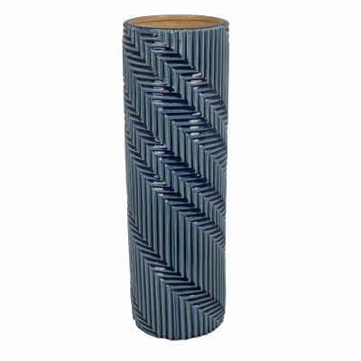 19" Dark Blue Lines Ceramic Cylinder Vase