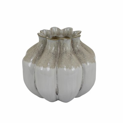 8" Taupe and Distressed White Ceramic Ribbed Vase