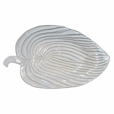 17" Distressed White Leaf Shape Ceramic Platter