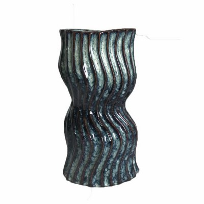 11" Blue and Brown Ribbed Cermaic Vase