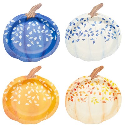 Pack of Eight 8" Pumpkin Shaped Harvest Blues Paper Plates in Four Colors