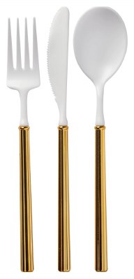 Set of 24 Gold and White Knife, Fork, and Spoon Set