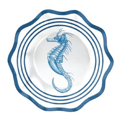 Pack of Eight 7" Round Blue Seahorse Nautical Paper Plates