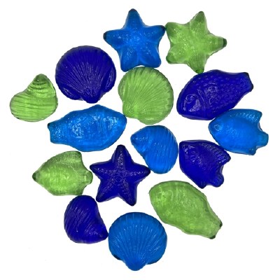Bag of 15 Blue and Green Fish and Shell Shaped Sea Glass