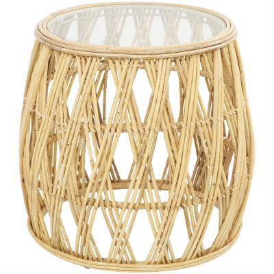 21" Round Natural Rattan Base and Glass Top End Table