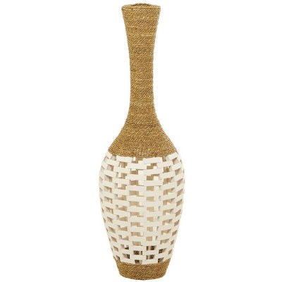 40" Natural Seagrass and White Wood Floor Vase