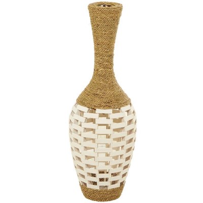 32" Natural Seagrass and White Wood Floor Vase