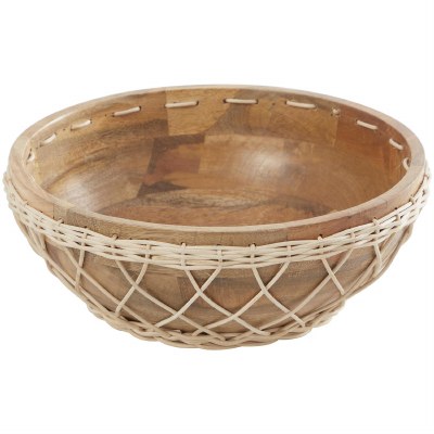 12" Round Brown Wood Bowl With Rattan Wrapping