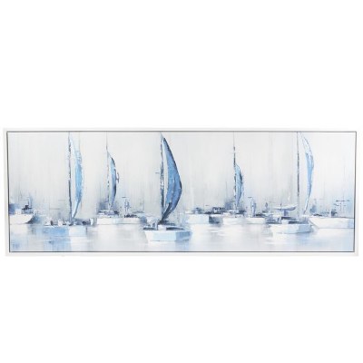 24" x 65" Blue and White Sailboats Framed Coastal Canvas