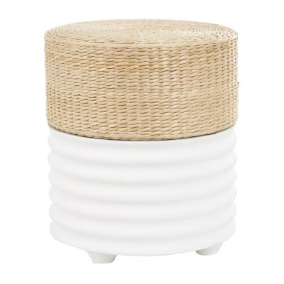 15" Round Natural Woven Top and White Wood Base Stool